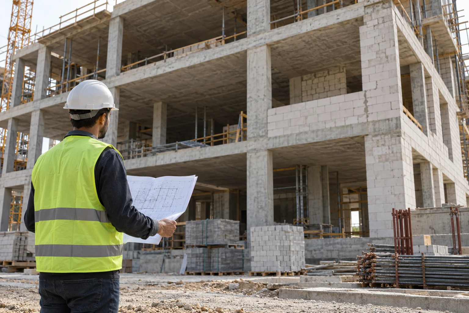 Técnico con planos ante un edificio en construcción