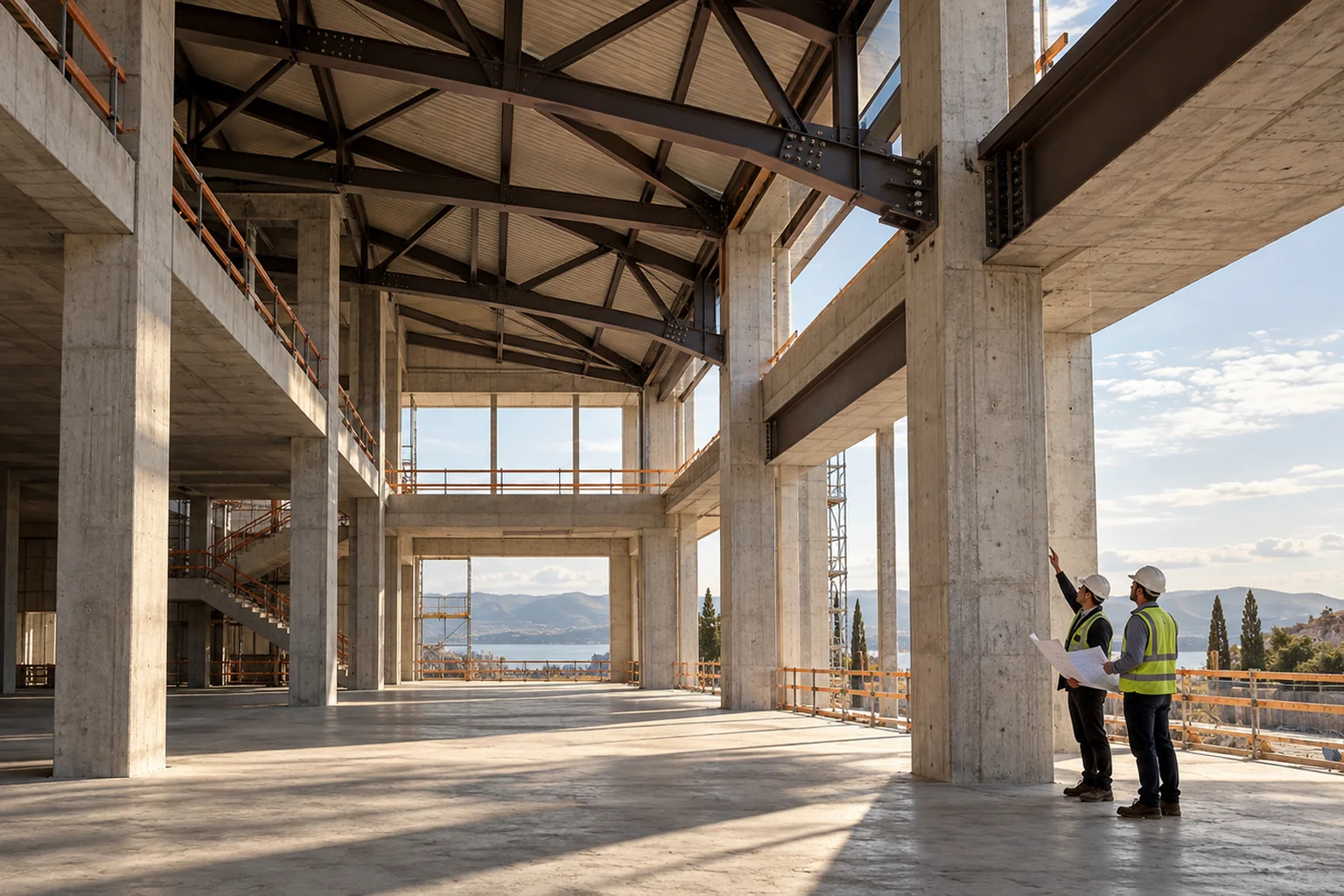 Dos técnicos revisan planos bajo una estructura en obra