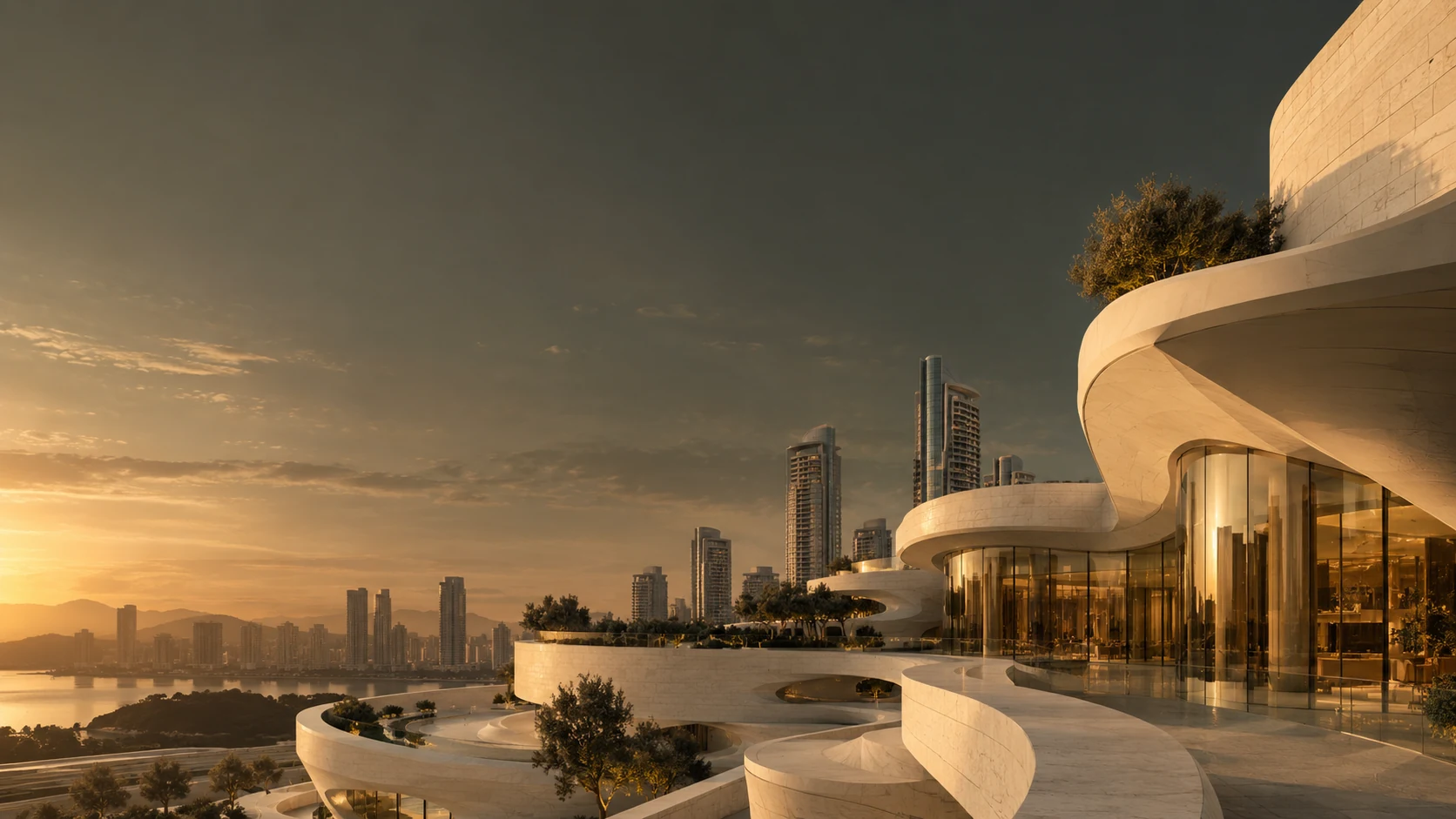 Arquitectura contemporánea de piedra y vidrio frente a la ciudad al atardecer