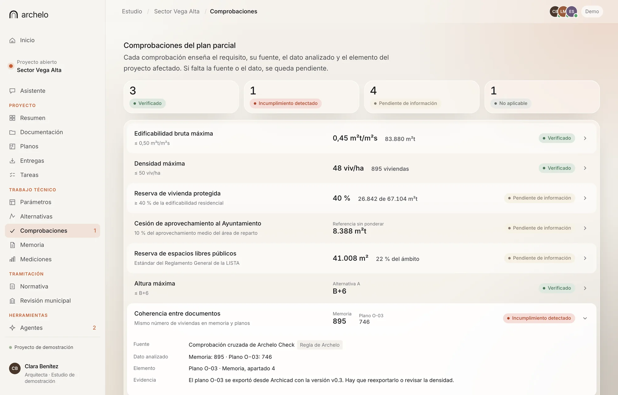 Vista de la app: comprobaciones del proyecto