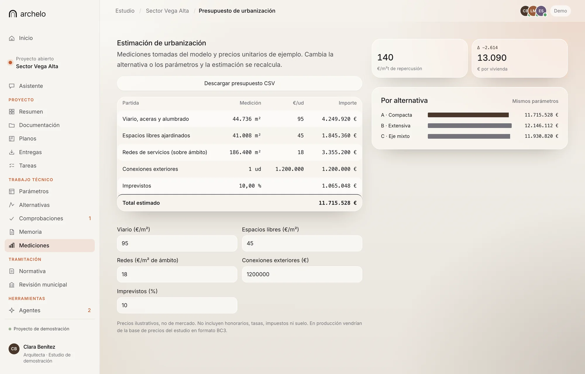 Vista de la app: estimación de costes