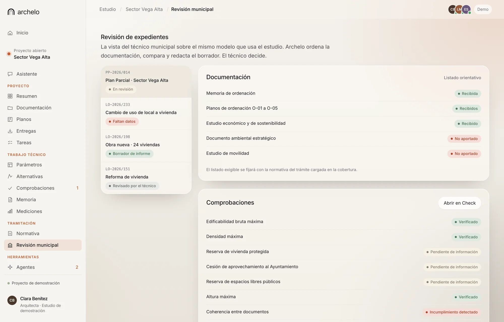 Vista de la app: revisión de expedientes