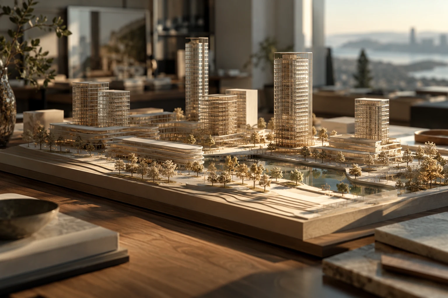 Maqueta de un desarrollo residencial sobre la mesa de un estudio
